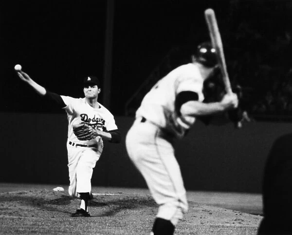 DON DRYSDALE (1936-1993). American baseball pitcher. As a member of the Los Angeles Dodgers, delivering a pitch to Jim Davenport of the San Francisco Giants on the way to recording his fifth consecutive shutout, at Dodger Stadium, Los Angeles, California, 31 May 1968
