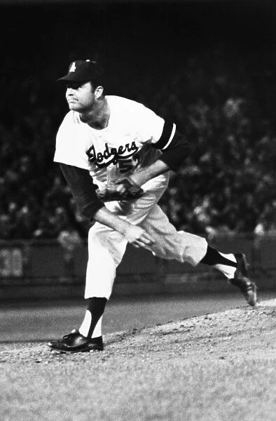 DON DRYSDALE (1936-1993). American baseball pitcher. Extending his scoreless streak to a record 58 2  /  3 innings while pitching for the Los Angeles Dodgers against the Philadelphia Phillies at Dodger Stadium, Los Angeles, California, 8 June 1968. He is wearing a black armband as a tribute to the assassinated presidential candidate Robert Kennedy
