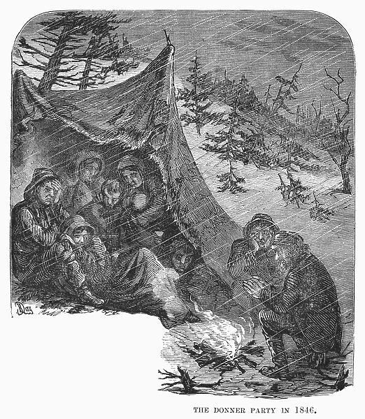 DONNER PARTY, 1846-47. Members of the Donner Party, trapped by snow in a Sierra Nevada pass, huddle to keep warm during the winter of 1846-47. Wood engraving, American, 19th century