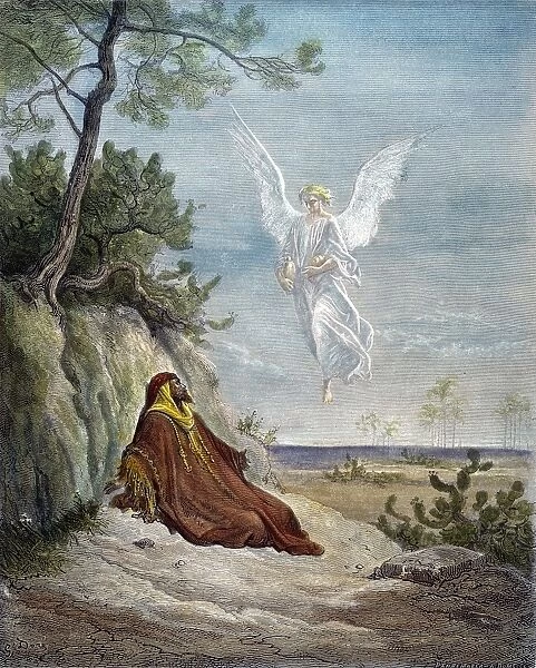 DOR├ë: ELIJAH AND ANGEL. Elijah Nourished by an Angel (I Kings 19: 5). Wood engraving after Gustave Dor