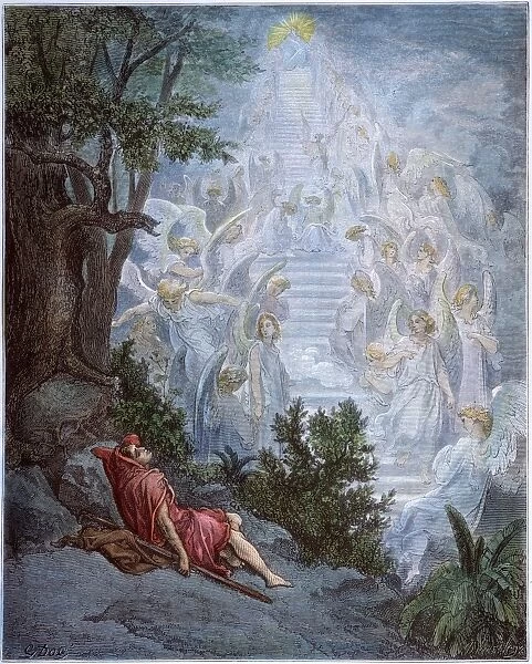 DOR├ë: JACOBs DREAM. And Jacob dreamed, and behold a ladder set up on the earth, and the top of it reached to heaven: and behold angels of God ascending and descending on it (Genesis 28: 12): wood engraving after Gustave Dor