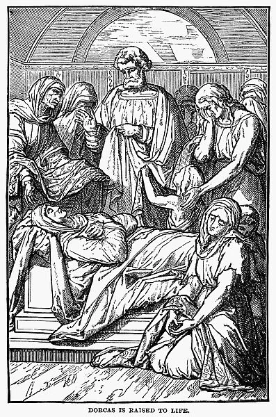 DORCAS RAISED TO LIFE. Dorcas (Tabitha) is raised to life by Saint Peter (Acts 9: 40). Wood engraving, American, 1873