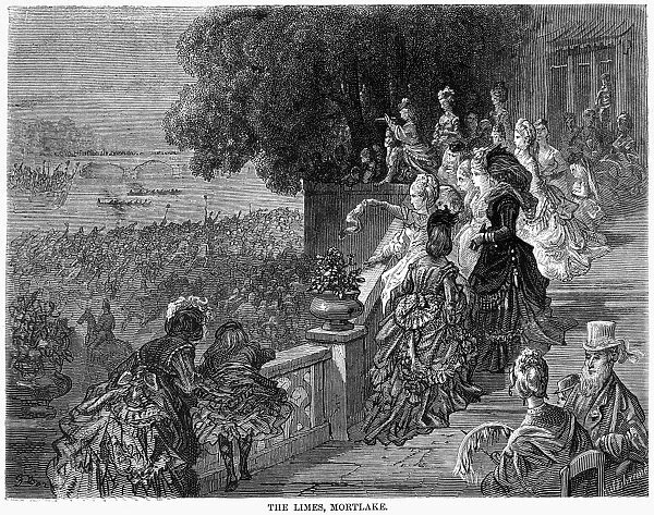 DORE: LONDON: 1872. The Limes, Mortlake. Spectators watching a boat race on the Thames River
