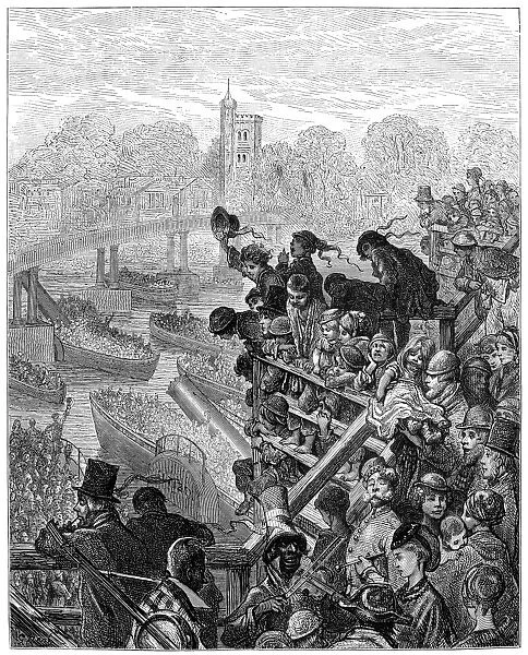 DORE: LONDON: 1872. Putney Bridge - The Return. A boat race on the Thames River