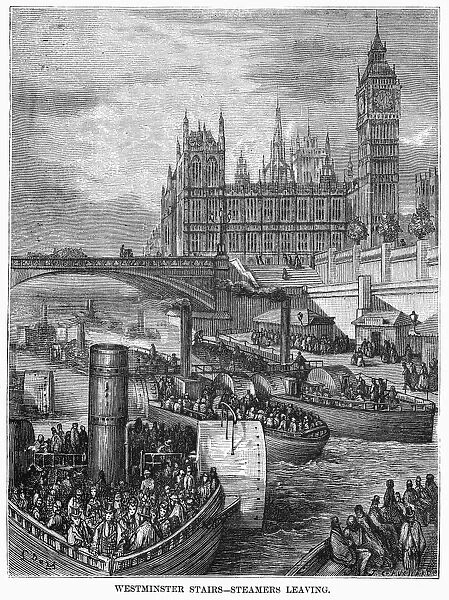 DORE: LONDON: 1872. Westminster Stairs - Steamers Leaving. A boat race on the Thames River
