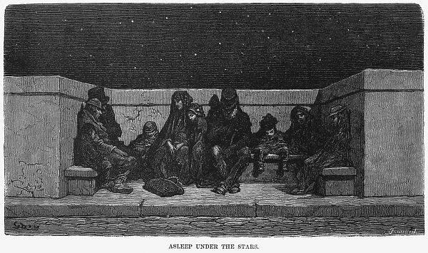 DORE: LONDON: 1873. Asleep Under the Stars. Homeless people sleeping on the street in London