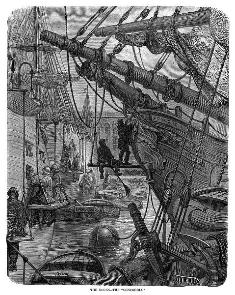 DORE: LONDON, 1873. The Docks - The Concordia. Wood engraving after Gustave Dore