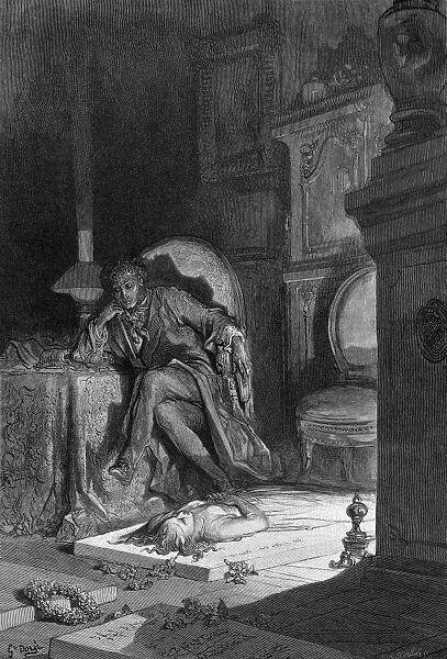 DORE: THE RAVEN, 1882. Then, upon the velvet sinking, I betook myself to linking