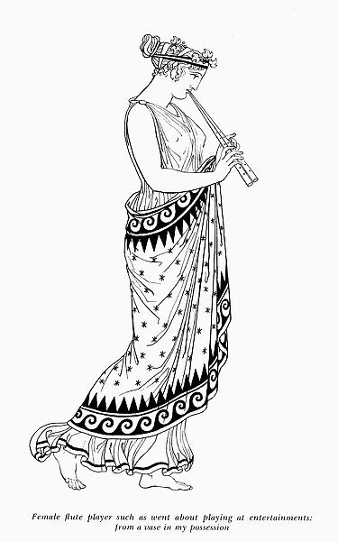 DOUBLE FLUTE. A double-flute player of ancient Greece. Line engraving after an antique Greek vase