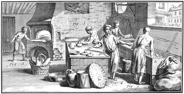 The dough is kneaded (Fig. 1) in a wooden trough, formed into loaves (Figs. 3 and 4), and baked in the oven (Fig. 5). Copper engraving, French, 18th century
