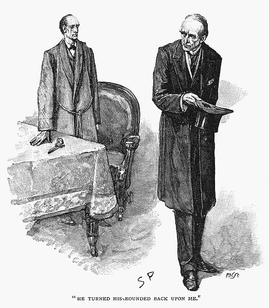 DOYLE: SHERLOCK HOLMES. Sherlock Holmes (left) concludes an interview with the Napoleon of crime, Professor Moriarty. Wood engraving after a drawing by Sidney Paget from the Strand magazine for Sir Arthur Conan Doyles The Adventure of the Final Problem, 1893