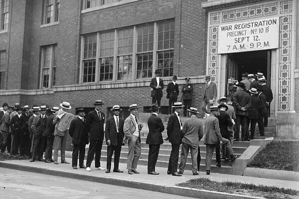 DRAFT REGISTRATION, 1918. Men wait in line to register for the draft during World War I
