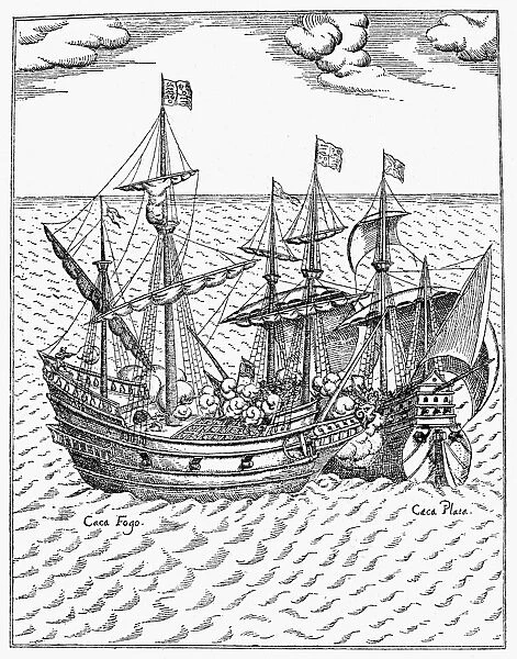 DRAKE: GOLDEN HIND, 1579. Sir Francis Drakes ship Golden Hind in combat with the Spanish treasure ship Cacafuego (left) off the South American coast, 1579. Contemporary line engraving