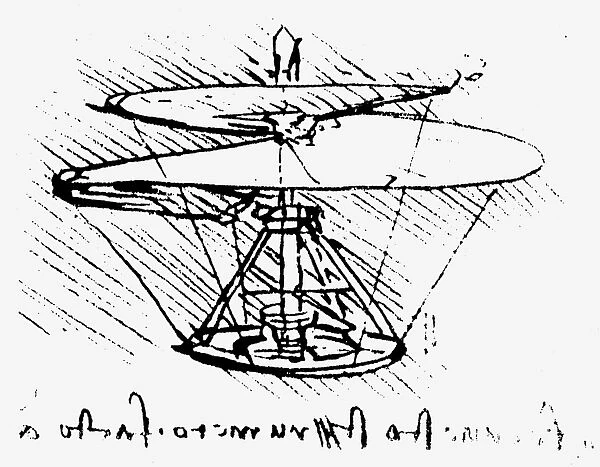 Drawing, c1486-90, of a helical-screw helicopter