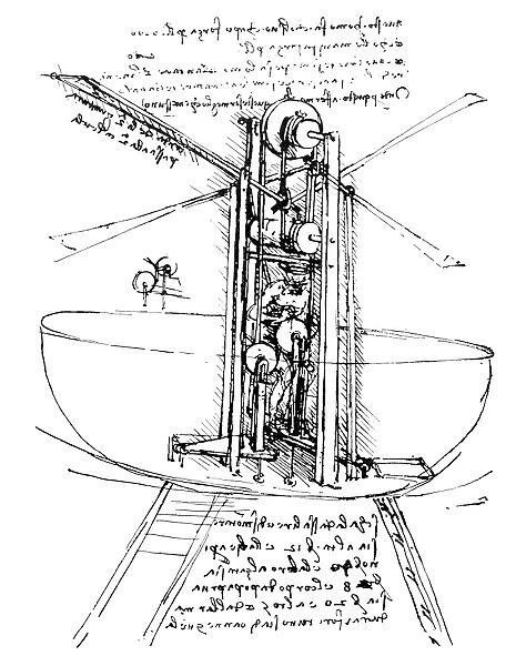 Drawing, c1486-90, of a standing ornithopter. A man standing in a bowl-shaped aircraft operates four beating wings by means of a massive transmission of hand-and-foot operated rums, treadles, and the like