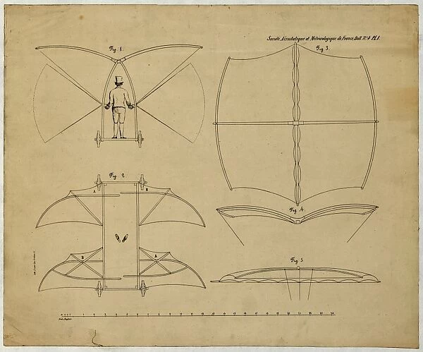 Drawing of a man-powered flying machine designed by English pioneer of aviation, George Cayley. Lithograph, 1853