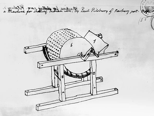 Drawing by Thomas Jefferson of the corn shelling machine he owned, which was invented by Paul Pillsbury in 1803