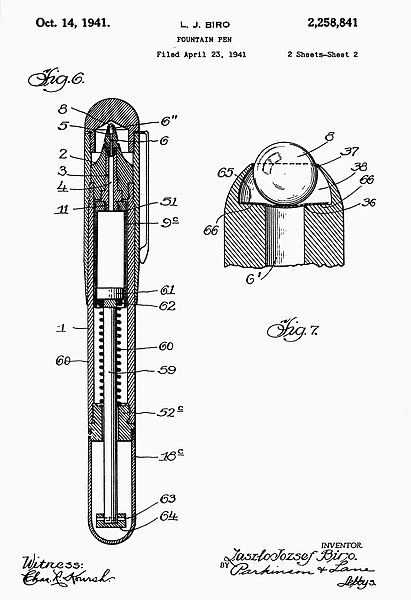 Drawing from the U. S. patent application of Hungarian inventor Laszlo Biro for his fountain pen, the first commercially successful ballpoint pen, 1941