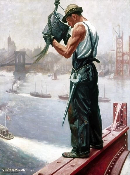 A Drink of Water. A construction worker on the Manhattan bridge stops for a drink of water. Oil on canvas by Gerrit A. Beneker, 1911