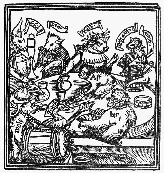 DRINKING PARTY, 1516. Satirical woodcut of a drinking party, referring to a legend