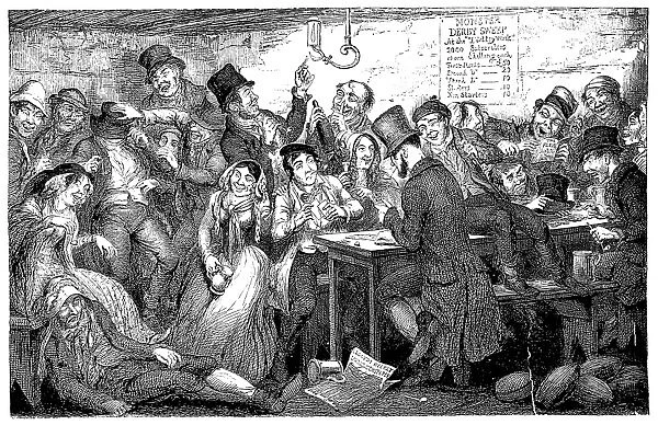 The Drunkards Children: Between the Fine Flaring Gin Palace and the Low Dirty Beer Shop, the Boy Thief Squanders and Gambles Away His Ill-Gotten Gains. Etching, 1848, by George Cruikshank