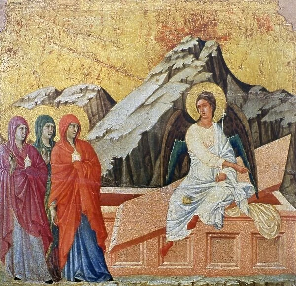 DUCCIO: THREE MARYS. The three Marys at the tomb of Christ. Oil on wood by Duccio di Buoninsegna, c1308-1311