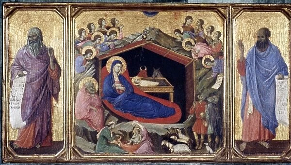 DUCCIO: NATIVITY. Nativity with the Prophets Isaiah and Ezekiel. Wood, 1308-1311, by Duccio di Buoninsegna