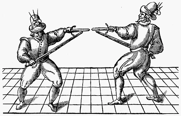 DUELING, 1595. Dueling techniques as illustrated in Vincentio Saviolo, His Practise