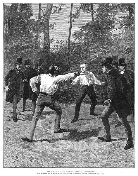 DUELING, 1888. The duel between M. Floquet and General Boulanger. Engraving, 1888