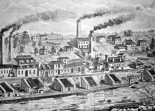 DUPONT POWDER MILL, 1854. Dupont Powder Mill on Brandywine Creek near Wilmington, Delaware. Wood engraving, 1854