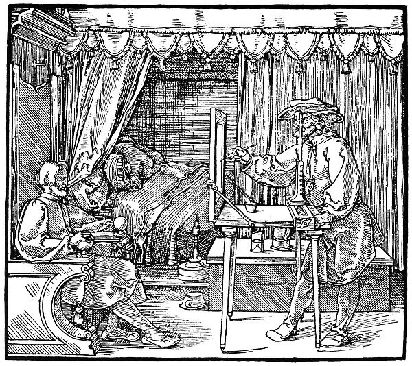 DURER: MEASUREMENT. An artist drawing a seated man on to a pane of glass through a sight-vane