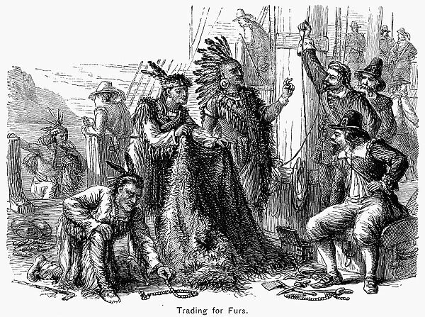 DUTCH FUR TRADERS. The Dutch trading with the Native Americans along the Hudson River in the 17th century. Wood engraving, 19th century