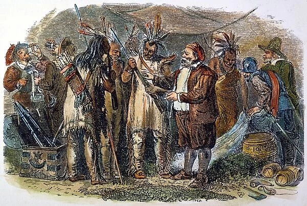 DUTCH TRADING. Dutch merchants trading with Native Americans in New Netherland (later New York) in the 17th century. Color engraving, 19th century