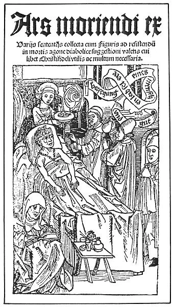 A dying man surrounded by physicians and attendants. Woodcut attributed to Albrecht D├╝rer from a German edition of Ars Moriendi, 1509