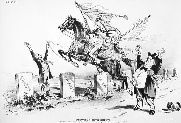 DYNAMIC AMERICA, 1889. Sabbatarian Obstructionists. Uncle Sam: Get out of the way, boys! This here nation can t stop one day in the week to please anybody. American lithograph cartoon by Joseph Keppler, 1889