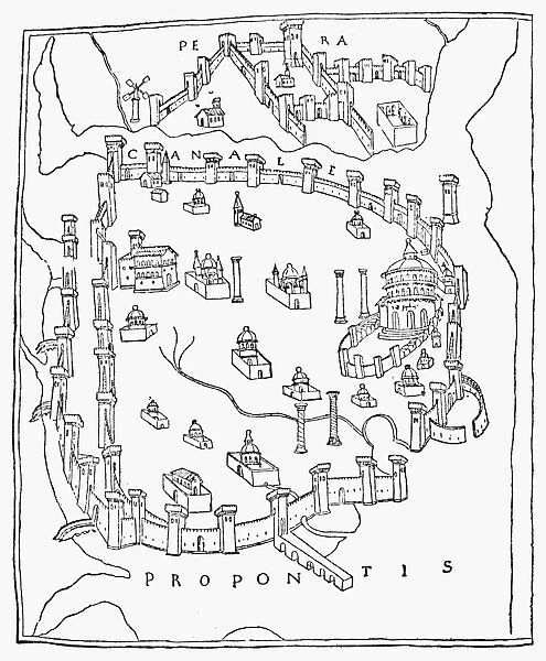 One of the earliest extant plans of Constantinople, by the Florentine traveller, Cristoforo Buondelmonti. Though greatly simplified, it represents the city as it was in 1422, some 30 years before her fall to the Turks. On the right is the great domed Hagia Sophia