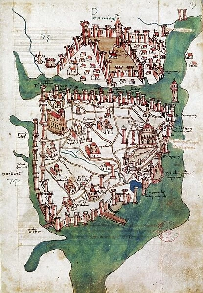The earliest plan of Constantinople, drawn in 1420 by Cristoforo Buondelmonti of Florence, Italy, showing the Bosphorus and the Golden Horn