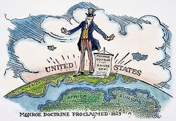 An early 20th century American cartoon on the Monroe Doctrine, proclaimed by President James Monroe in his message to Congress of 2 December 1823