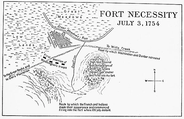 Early 20th century drawing of the surrender of Fort Necessity, 1754, during the French and Indian War