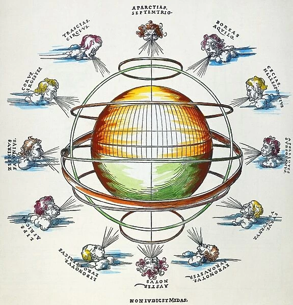 The Earth as the center of the universe, surrounded by the 12 wind gods. Color woodcut by Albrecht Durer from W. Pirkheimers translation of Ptolemy, Geographicae enarrationes, published, 1525, by Johann Gruninger in Strassburg