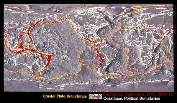 EARTH: TOPOGRAPHY. Digital image of the topography of the Earth, showing land and sea-floor elevations, as well as crustal plate boundaries and the epicenters of earthquakes greater than magnitude 5 which occurred between 1980-1990. Image created by the National Geophysical Data Center, c1991