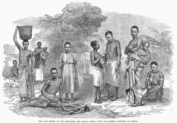 EAST AFRICA: AJAWA, 1864. Men and women of the Ajawa tribe, from the Zambezi River country, East Africa. Wood engraving, 1864
