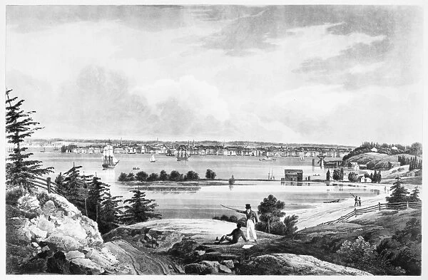 EAST RIVER, c1820. View from Brooklyn across the East River to New York and New Jersey