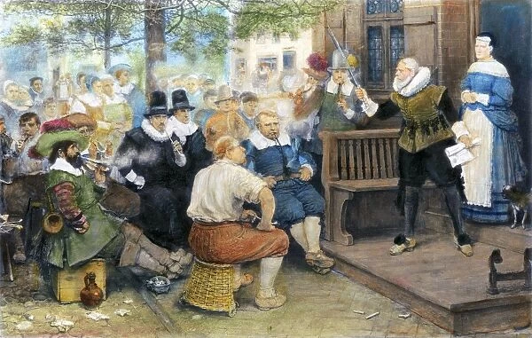 The Edict of William the Testy. Citizens of New Amsterdam assembled in protest of Governor William Kiefts anti-smoking edict, a fictitious incident related by Washington Irving. After the painting, 1877, by George H. Boughton