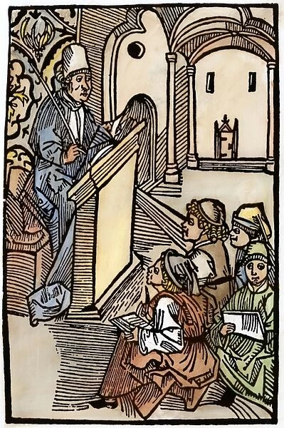 EDUCATION: FRENCH SCHOOL. A 15th century schoolmaster, holding a switch, with his pupils