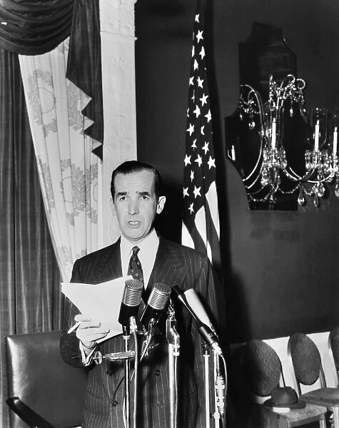 EDWARD R. MURROW (1908-1965). American broadcast journalist and news commentator. Photographed while giving a broadcast, c1954
