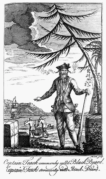 EDWARD TEACH (?-1718). English pirate, known as Blackbeard. Line engraving from A general and true history of... highwaymen by Charles Johnson, London, 1742