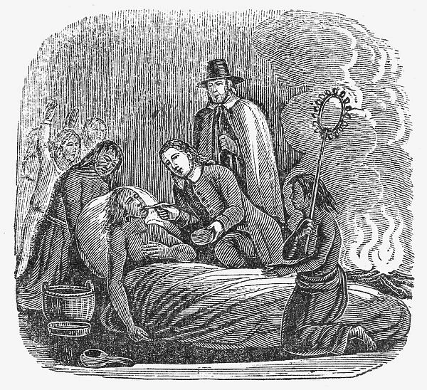 Edward Winslow and John Hambden of Plymouth Colony nursing Massasoit on his sickbed, 1623. Wood engraving, 1853