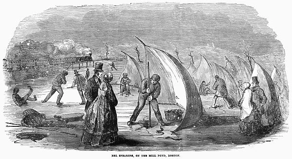 EEL SPEARING, 1852. Eel spearing on the Mill Pond, Boston. Engraving, 1852
