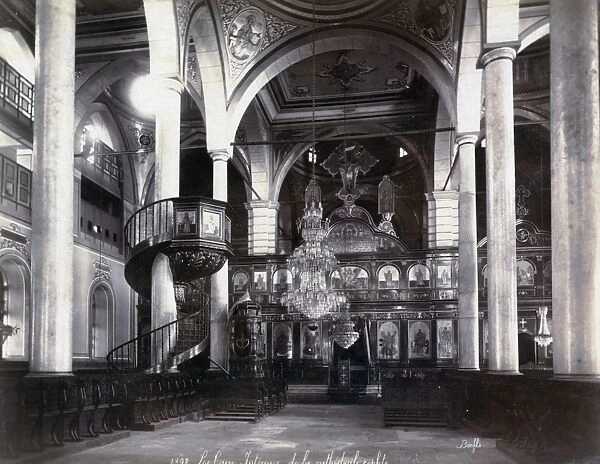 EGYPT: CAIRO. Interior of a Coptic cathedral with seats, iconostasis, icons, a chandelier